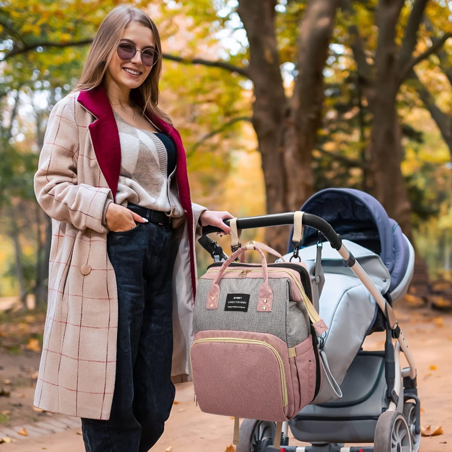 Rucsac Multifunctional pentru Mamici, din Panza Oxford, Compartimentare Multipla, Impermeabil, 43 x 18 x 26 cm, Roz/Gri