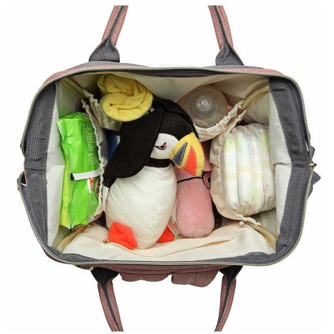 Rucsac Multifunctional pentru Mamici, din Panza Oxford, Compartimentare Multipla, Impermeabil, 43 x 18 x 26 cm, Roz/Gri