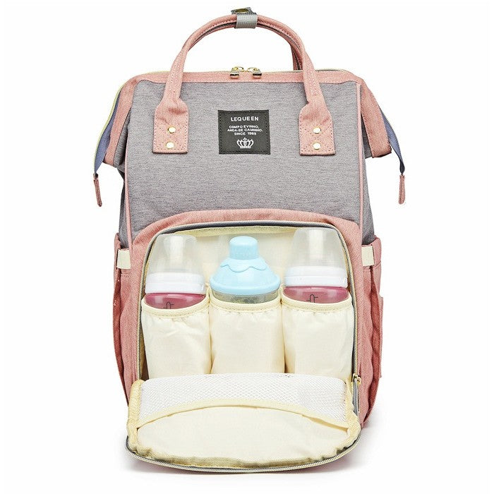 Rucsac Multifunctional pentru Mamici, din Panza Oxford, Compartimentare Multipla, Impermeabil, 43 x 18 x 26 cm, Roz/Gri