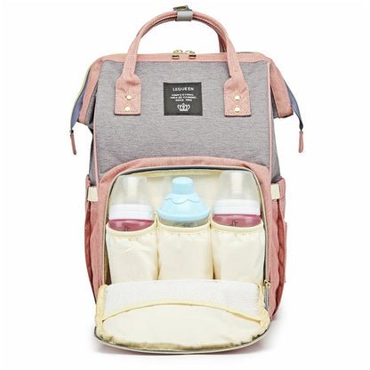 Rucsac Multifunctional pentru Mamici, din Panza Oxford, Compartimentare Multipla, Impermeabil, 43 x 18 x 26 cm, Roz/Gri