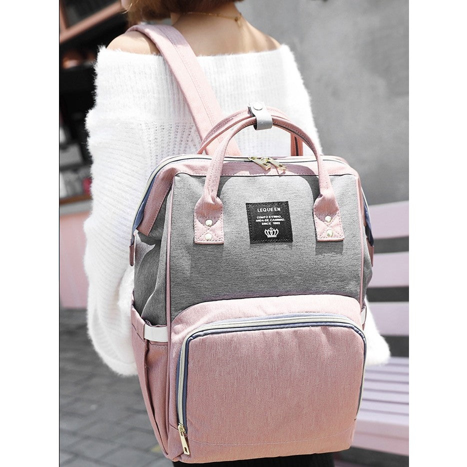 Rucsac Multifunctional pentru Mamici, din Panza Oxford, Compartimentare Multipla, Impermeabil, 43 x 18 x 26 cm, Roz/Gri