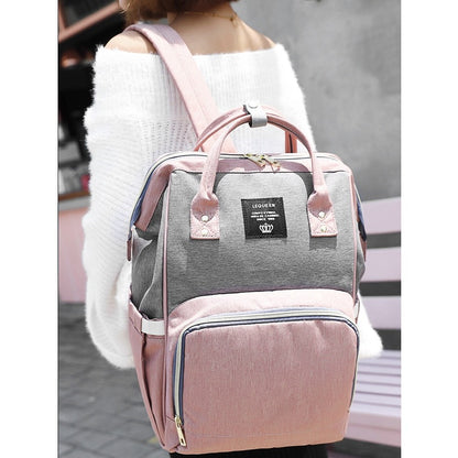 Rucsac Multifunctional pentru Mamici, din Panza Oxford, Compartimentare Multipla, Impermeabil, 43 x 18 x 26 cm, Roz/Gri