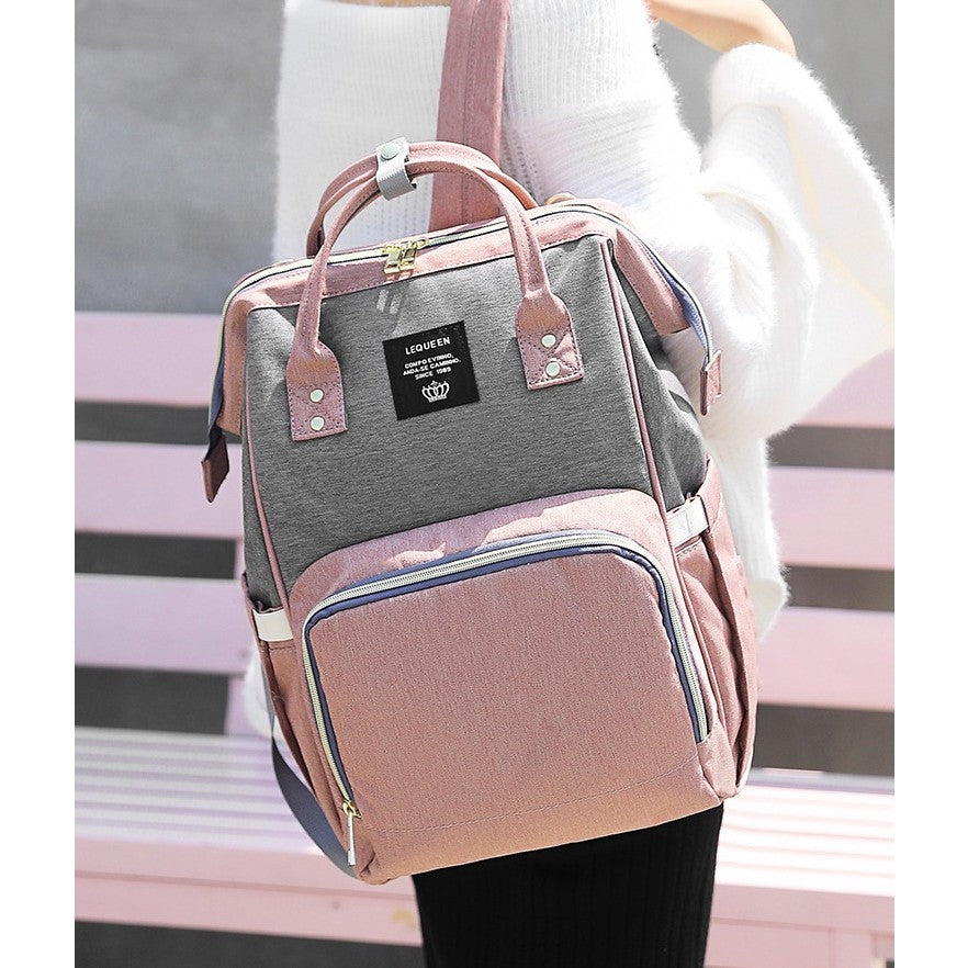 Rucsac Multifunctional pentru Mamici, din Panza Oxford, Compartimentare Multipla, Impermeabil, 43 x 18 x 26 cm, Roz/Gri