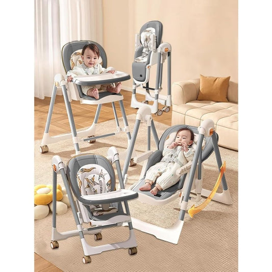 Scaun de Masa 2in1, pentru Copii 6 luni - 4 Ani, Pliabil, cu Roti, Balansoar, Leagan, Reglabil, Tava de Masa Dubla, Centura in 5 Puncte, 96 x 56 x 76 cm, Gri