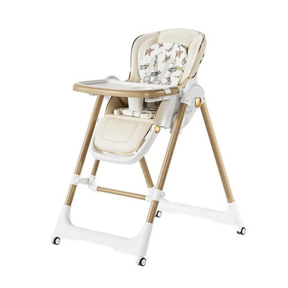 Scaun de Masa 2in1, pentru Copii 6 luni - 4 Ani, Pliabil, cu Roti, Balansoar, Leagan, Reglabil, Tava de Masa Dubla, Centura in 5 Puncte, 96 x 56 x 76 cm, Sampanie