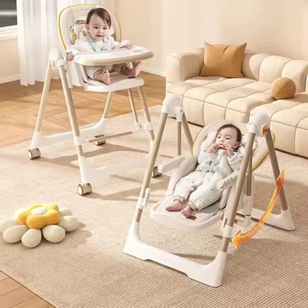 Scaun de Masa 2in1, pentru Copii 6 luni - 4 Ani, Pliabil, cu Roti, Balansoar, Leagan, Reglabil, Tava de Masa Dubla, Centura in 5 Puncte, 96 x 56 x 76 cm, Sampanie