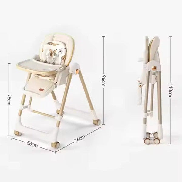 Scaun de Masa 2in1, pentru Copii 6 luni - 4 Ani, Pliabil, cu Roti, Balansoar, Leagan, Reglabil, Tava de Masa Dubla, Centura in 5 Puncte, 96 x 56 x 76 cm, Sampanie
