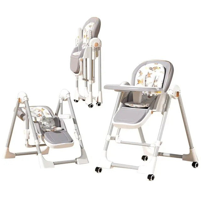 Scaun de Masa 2in1, pentru Copii 6 luni - 4 Ani, Pliabil, cu Roti, Balansoar, Leagan, Reglabil, Tava de Masa Dubla, Centura in 5 Puncte, 96 x 56 x 76 cm, Gri