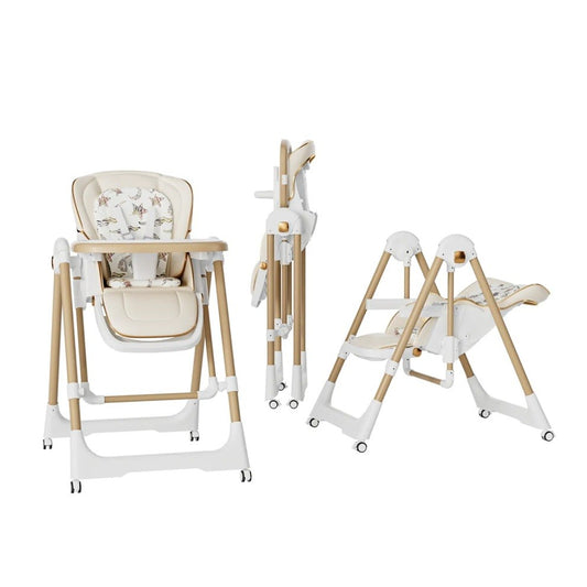 Scaun de Masa 2in1, pentru Copii 6 luni - 4 Ani, Pliabil, cu Roti, Balansoar, Leagan, Reglabil, Tava de Masa Dubla, Centura in 5 Puncte, 96 x 56 x 76 cm, Sampanie
