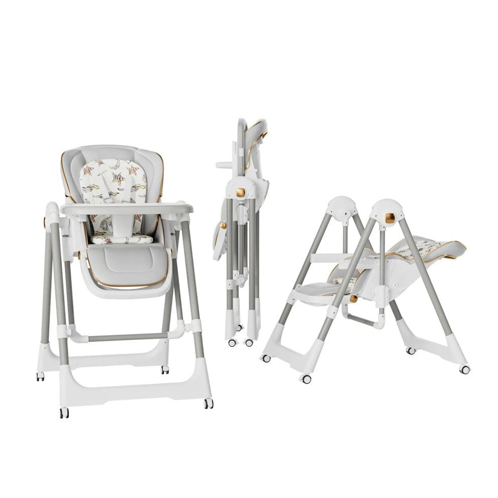 Scaun de Masa 2in1, pentru Copii 6 luni - 4 Ani, Pliabil, cu Roti, Balansoar, Leagan, Reglabil, Tava de Masa Dubla, Centura in 5 Puncte, 96 x 56 x 76 cm, Gri