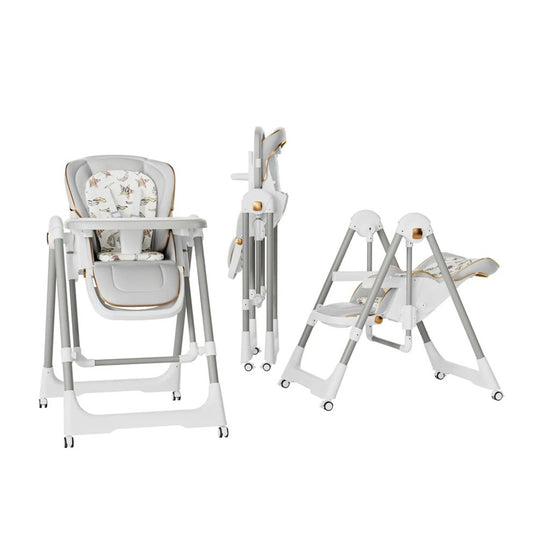 Scaun de Masa 2in1, pentru Copii 6 luni - 4 Ani, Pliabil, cu Roti, Balansoar, Leagan, Reglabil, Tava de Masa Dubla, Centura in 5 Puncte, 96 x 56 x 76 cm, Gri