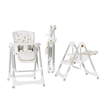 Scaun de Masa 2in1, pentru Copii 6 luni - 4 Ani, Pliabil, cu Roti, Balansoar, Leagan, Reglabil, Tava de Masa Dubla, Centura in 5 Puncte, 96 x 56 x 76 cm, Alb