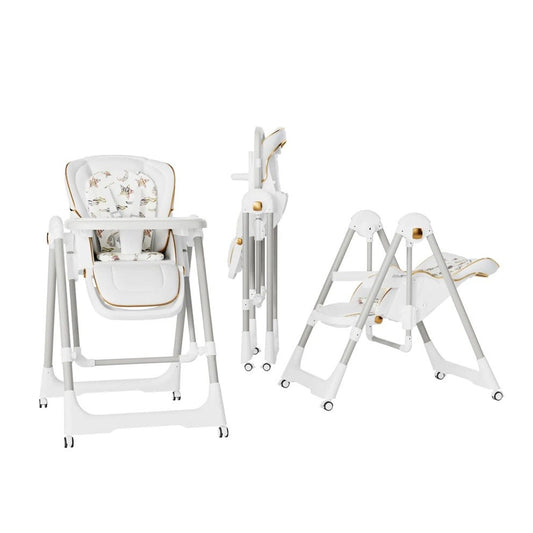 Scaun de Masa 2in1, pentru Copii 6 luni - 4 Ani, Pliabil, cu Roti, Balansoar, Leagan, Reglabil, Tava de Masa Dubla, Centura in 5 Puncte, 96 x 56 x 76 cm, Alb