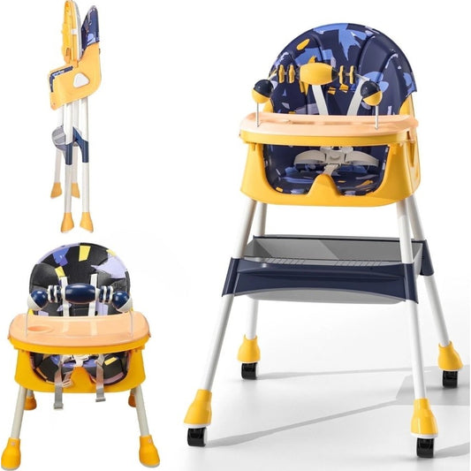 Scaun de Masa 2in1, pentru Copii de la 6 luni - 5 Ani, Inaltime Reglabila, Centura in 5 Puncte, Tava de Masa, Roti cu Frana, Cos Depozitare, Jucarie Inclusa, 94 x 78 x 60 cm, Albastru/Galben