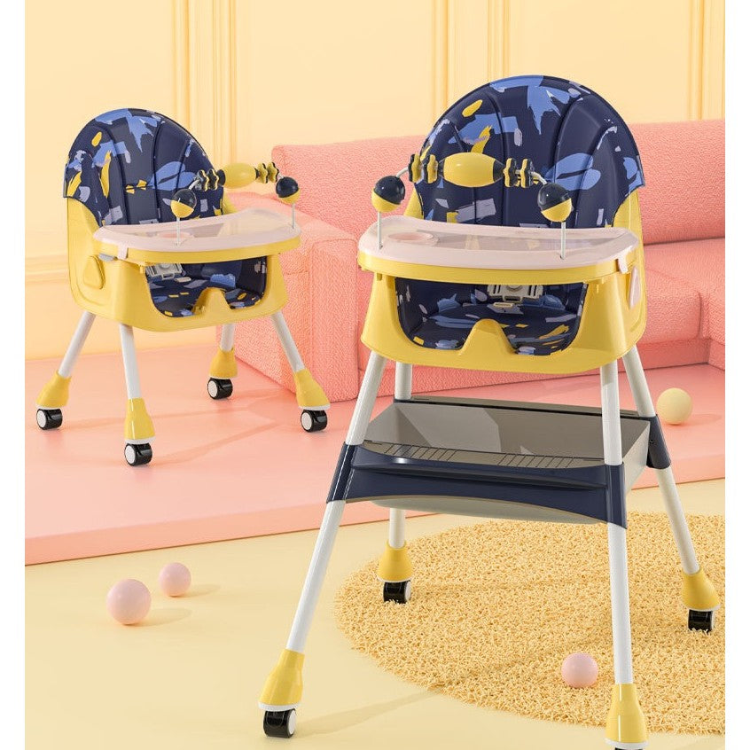 Scaun de Masa 2in1, pentru Copii de la 6 luni - 5 Ani, Inaltime Reglabila, Centura in 5 Puncte, Tava de Masa, Roti cu Frana, Cos Depozitare, Jucarie Inclusa, 94 x 78 x 60 cm, Albastru/Galben