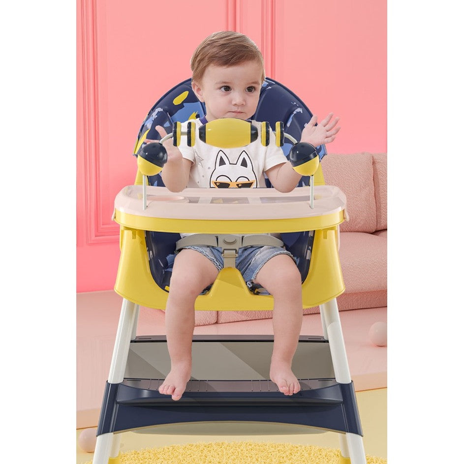 Scaun de Masa 2in1, pentru Copii de la 6 luni - 5 Ani, Inaltime Reglabila, Centura in 5 Puncte, Tava de Masa, Roti cu Frana, Cos Depozitare, Jucarie Inclusa, 94 x 78 x 60 cm, Albastru/Galben