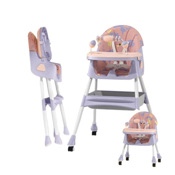 Scaun de Masa 2in1, pentru Copii de la 6 luni - 5 Ani, Inaltime Reglabila, Centura in 5 Puncte, Tava de Masa, Roti cu Frana, Cos Depozitare, Jucarie Inclusa, 94 x 78 x 60 cm, Roz/Mov