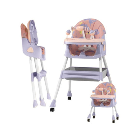 Scaun de Masa 2in1, pentru Copii de la 6 luni - 5 Ani, Inaltime Reglabila, Centura in 5 Puncte, Tava de Masa, Roti cu Frana, Cos Depozitare, Jucarie Inclusa, 94 x 78 x 60 cm, Roz/Mov