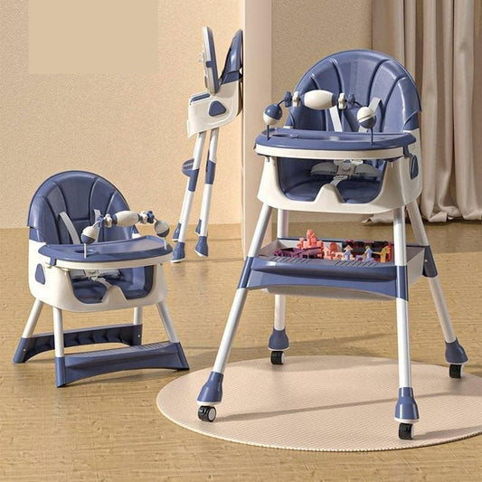 Scaun de Masa 2in1, pentru Copii de la 6 luni - 5 Ani, Inaltime Reglabila, Centura in 5 Puncte, Tava de Masa, Roti cu Frana, Cos Depozitare, Jucarie Inclusa, 94 x 78 x 60 cm, Albastru/Alb