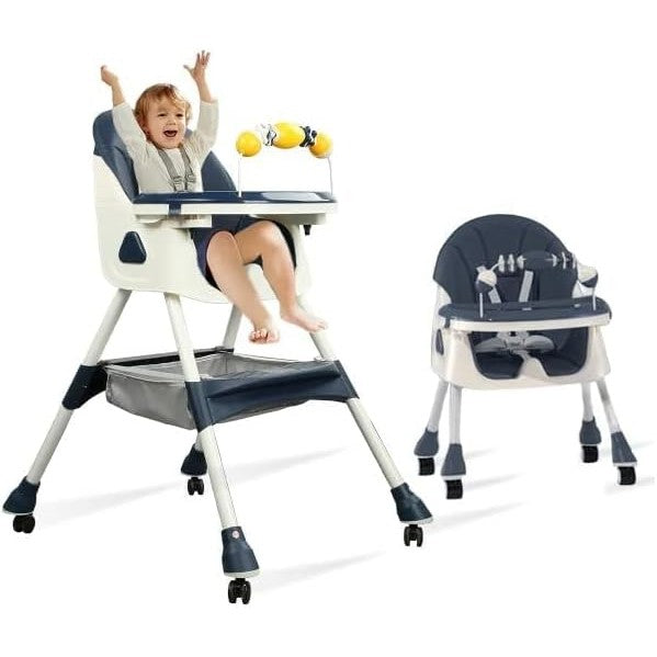 Scaun de Masa 2in1, pentru Copii de la 6 luni - 5 Ani, Inaltime Reglabila, Centura in 5 Puncte, Tava de Masa, Roti cu Frana, Cos Depozitare, Jucarie Inclusa, 94 x 78 x 60 cm, Albastru/Alb