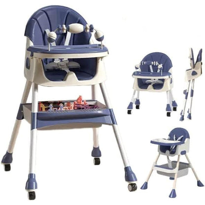 Scaun de Masa 2in1, pentru Copii de la 6 luni - 5 Ani, Inaltime Reglabila, Centura in 5 Puncte, Tava de Masa, Roti cu Frana, Cos Depozitare, Jucarie Inclusa, 94 x 78 x 60 cm, Albastru/Alb