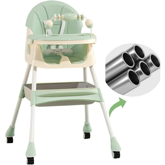 Scaun de Masa 2in1, pentru Copii de la 6 luni - 5 Ani, Inaltime Reglabila, Centura in 5 Puncte, Tava de Masa, Roti cu Frana, Cos Depozitare, Jucarie Inclusa, 94 x 78 x 60 cm, Verde