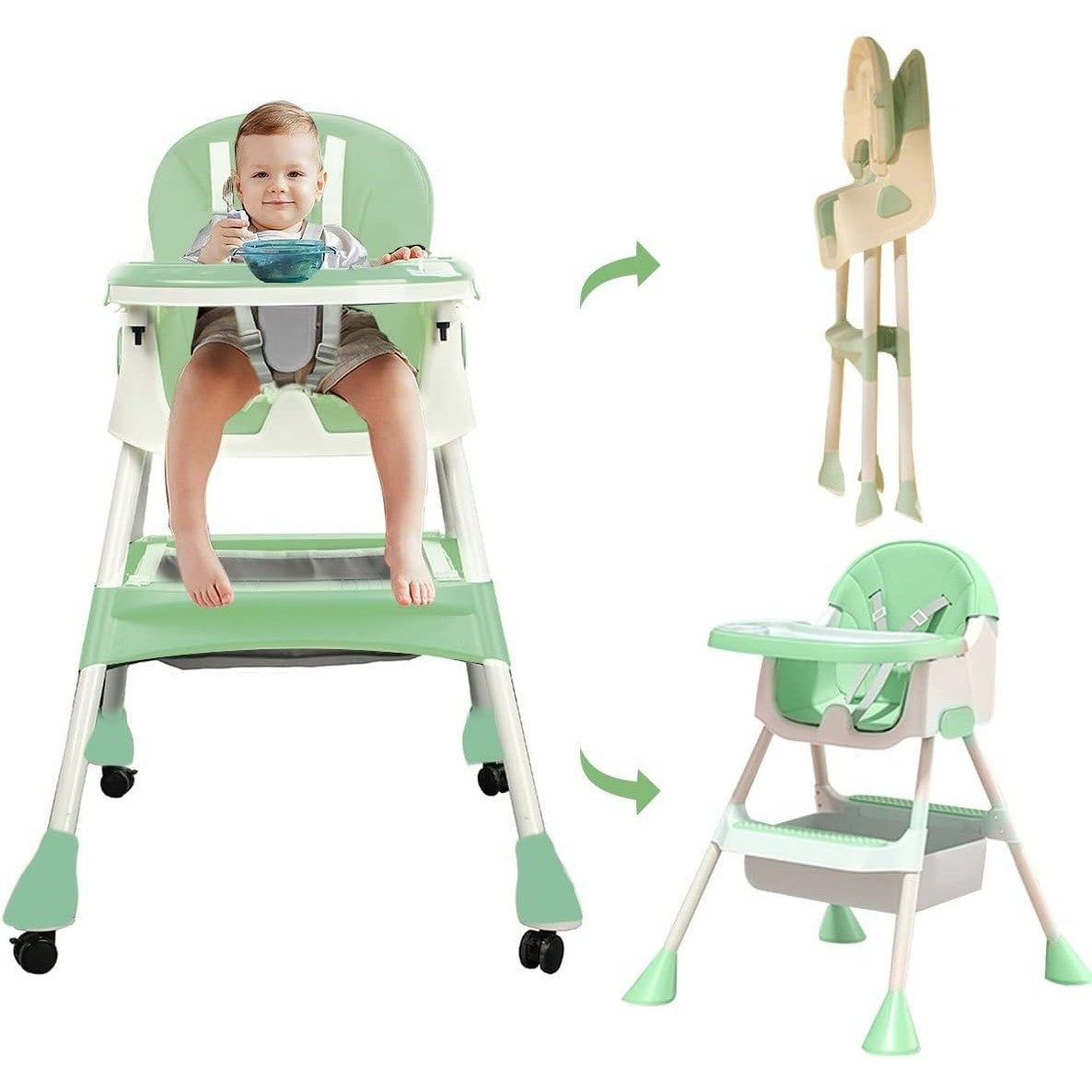 Scaun de Masa 2in1, pentru Copii de la 6 luni - 5 Ani, Inaltime Reglabila, Centura in 5 Puncte, Tava de Masa, Roti cu Frana, Cos Depozitare, Jucarie Inclusa, 94 x 78 x 60 cm, Verde