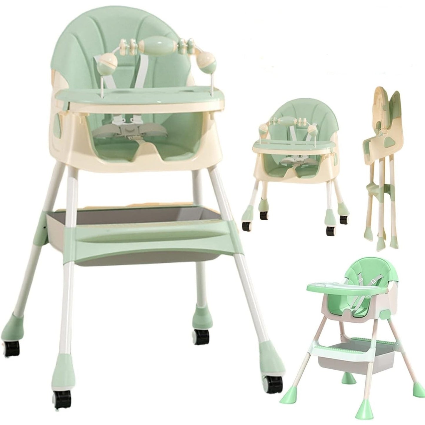 Scaun de Masa 2in1, pentru Copii de la 6 luni - 5 Ani, Inaltime Reglabila, Centura in 5 Puncte, Tava de Masa, Roti cu Frana, Cos Depozitare, Jucarie Inclusa, 94 x 78 x 60 cm, Verde
