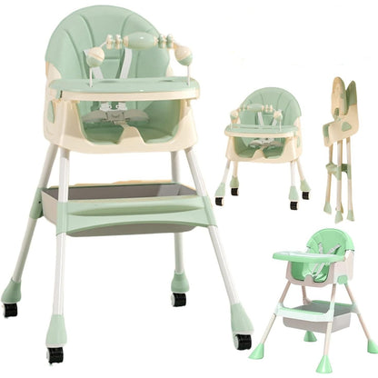 Scaun de Masa 2in1, pentru Copii de la 6 luni - 5 Ani, Inaltime Reglabila, Centura in 5 Puncte, Tava de Masa, Roti cu Frana, Cos Depozitare, Jucarie Inclusa, 94 x 78 x 60 cm, Verde