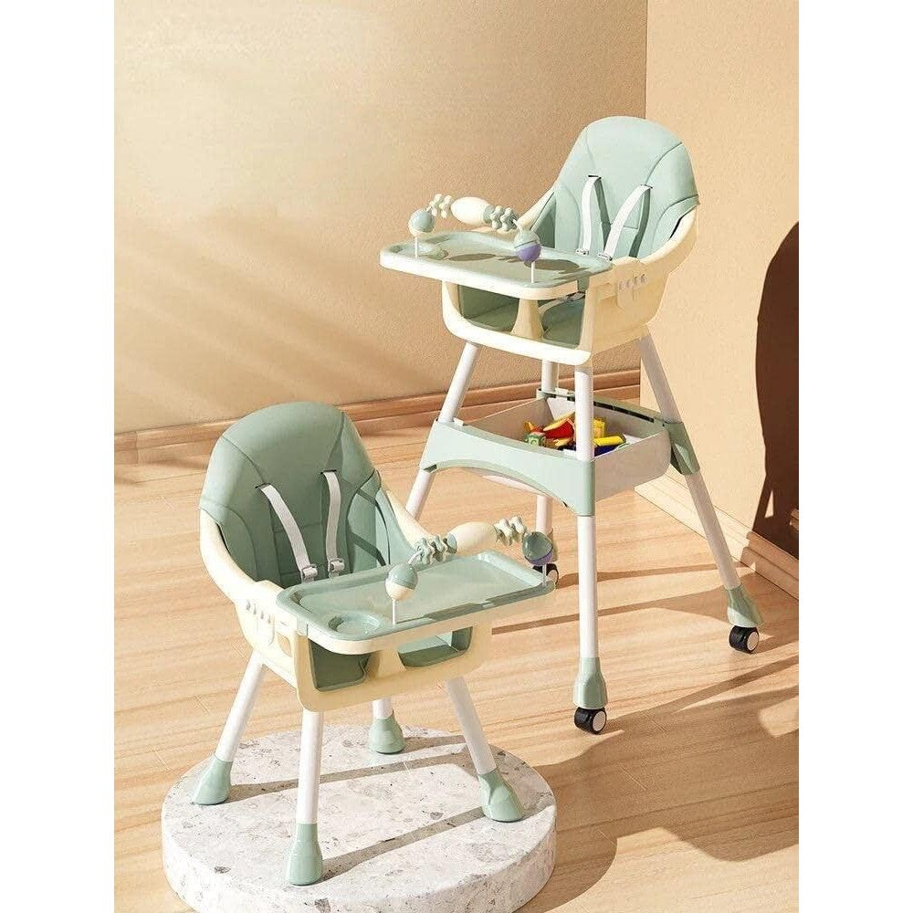 Scaun de Masa 2in1, pentru Copii de la 6 luni - 5 Ani, Inaltime Reglabila, Centura in 5 Puncte, Tava de Masa, Roti cu Frana, Cos Depozitare, Jucarie Inclusa, 94 x 78 x 60 cm, Verde