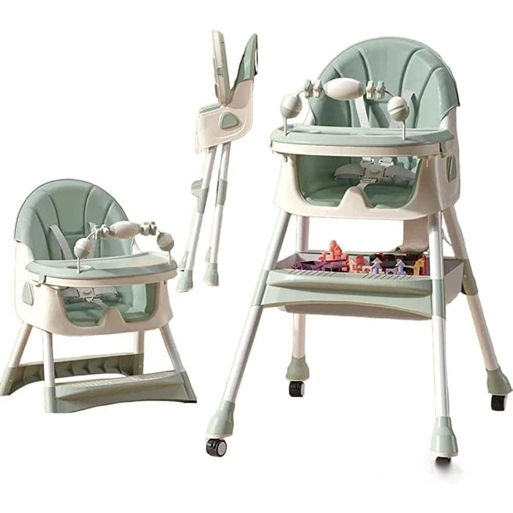 Scaun de Masa 2in1, pentru Copii de la 6 luni - 5 Ani, Inaltime Reglabila, Centura in 5 Puncte, Tava de Masa, Roti cu Frana, Cos Depozitare, Jucarie Inclusa, 94 x 78 x 60 cm, Verde