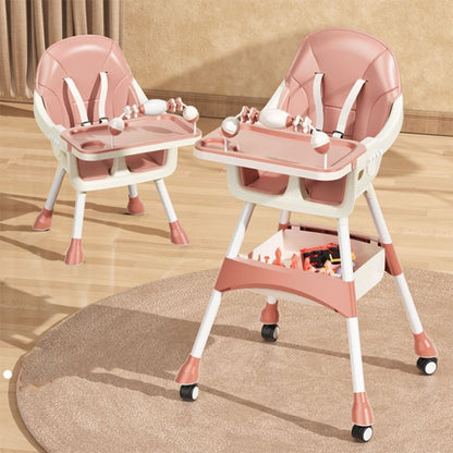 Scaun de Masa 2in1, pentru Copii de la 6 luni - 5 Ani, Inaltime Reglabila, Centura in 5 Puncte, Tava de Masa, Roti cu Frana, Cos Depozitare, Jucarie Inclusa, 94 x 78 x 60 cm, Roz