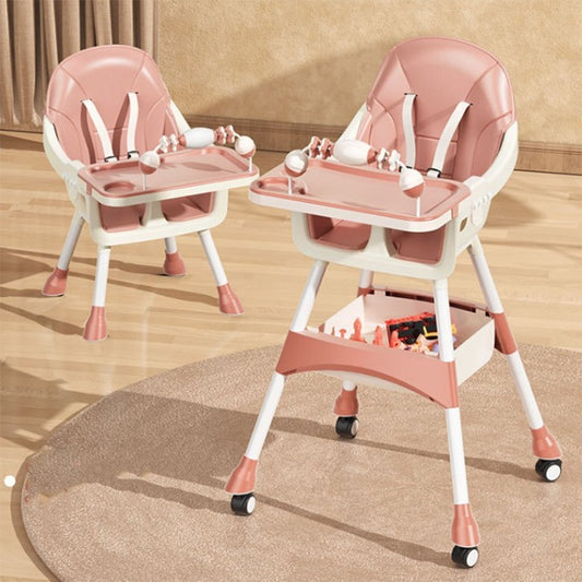 Scaun de Masa 2in1, pentru Copii de la 6 luni - 5 Ani, Inaltime Reglabila, Centura in 5 Puncte, Tava de Masa, Roti cu Frana, Cos Depozitare, Jucarie Inclusa, 94 x 78 x 60 cm, Roz