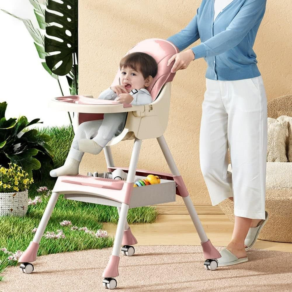 Scaun de Masa 2in1, pentru Copii de la 6 luni - 5 Ani, Inaltime Reglabila, Centura in 5 Puncte, Tava de Masa, Roti cu Frana, Cos Depozitare, Jucarie Inclusa, 94 x 78 x 60 cm, Roz