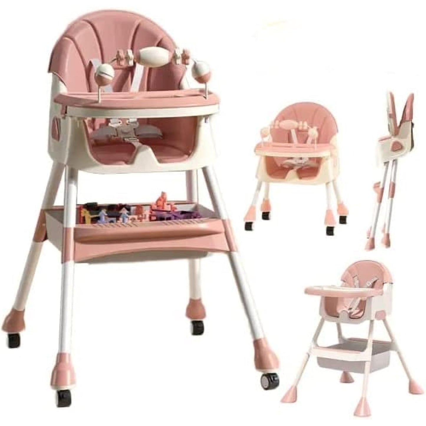 Scaun de Masa 2in1, pentru Copii de la 6 luni - 5 Ani, Inaltime Reglabila, Centura in 5 Puncte, Tava de Masa, Roti cu Frana, Cos Depozitare, Jucarie Inclusa, 94 x 78 x 60 cm, Roz