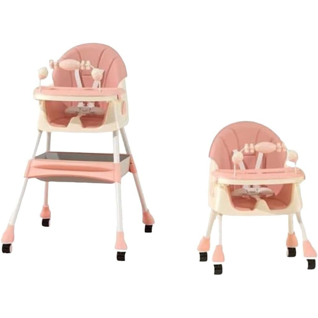 Scaun de Masa 2in1, pentru Copii de la 6 luni - 5 Ani, Inaltime Reglabila, Centura in 5 Puncte, Tava de Masa, Roti cu Frana, Cos Depozitare, Jucarie Inclusa, 94 x 78 x 60 cm, Roz