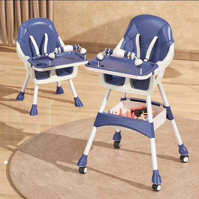 Scaun de Masa 2in1, pentru Copii de la 6 luni - 5 Ani, Inaltime Reglabila, Centura in 5 Puncte, Tava de Masa, Roti cu Frana, Cos Depozitare, Jucarie Inclusa, 94 x 78 x 60 cm, Albastru/Alb