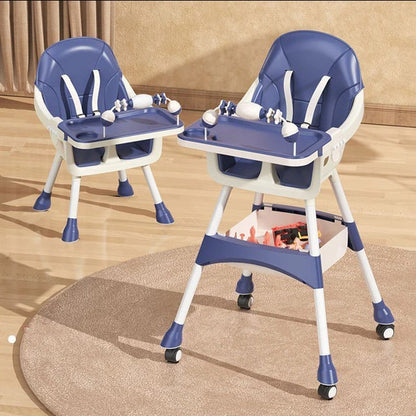 Scaun de Masa 2in1, pentru Copii de la 6 luni - 5 Ani, Inaltime Reglabila, Centura in 5 Puncte, Tava de Masa, Roti cu Frana, Cos Depozitare, Jucarie Inclusa, 94 x 78 x 60 cm, Albastru/Alb