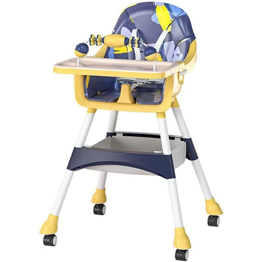 Scaun de Masa 2in1, pentru Copii de la 6 luni - 5 Ani, Inaltime Reglabila, Centura in 5 Puncte, Tava de Masa, Roti cu Frana, Cos Depozitare, Jucarie Inclusa, 94 x 78 x 60 cm, Albastru/Galben