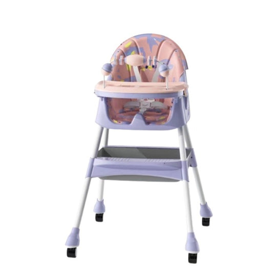 Scaun de Masa 2in1, pentru Copii de la 6 luni - 5 Ani, Inaltime Reglabila, Centura in 5 Puncte, Tava de Masa, Roti cu Frana, Cos Depozitare, Jucarie Inclusa, 94 x 78 x 60 cm, Roz/Mov