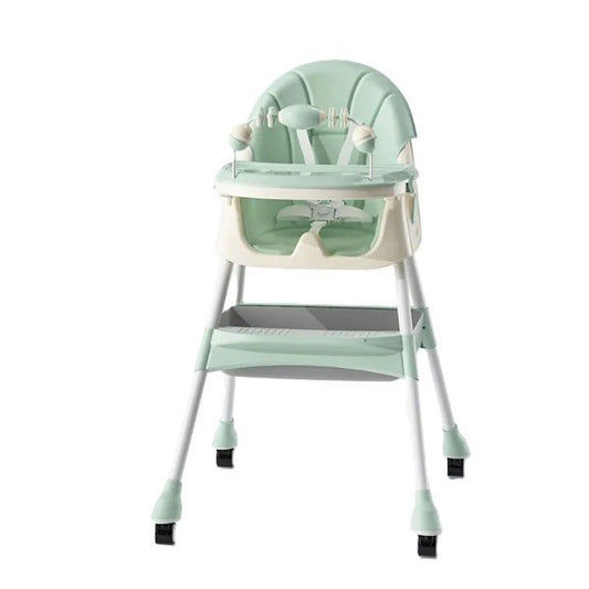 Scaun de Masa 2in1, pentru Copii de la 6 luni - 5 Ani, Inaltime Reglabila, Centura in 5 Puncte, Tava de Masa, Roti cu Frana, Cos Depozitare, Jucarie Inclusa, 94 x 78 x 60 cm, Verde
