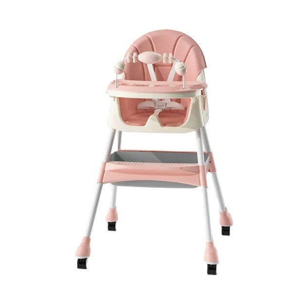 Scaun de Masa 2in1, pentru Copii de la 6 luni - 5 Ani, Inaltime Reglabila, Centura in 5 Puncte, Tava de Masa, Roti cu Frana, Cos Depozitare, Jucarie Inclusa, 94 x 78 x 60 cm, Roz