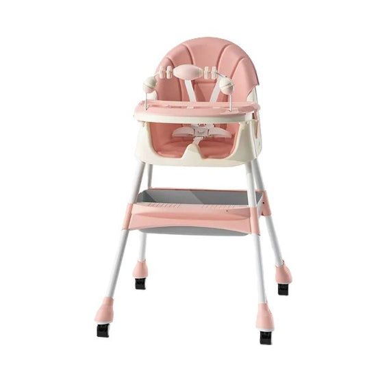 Scaun de Masa 2in1, pentru Copii de la 6 luni - 5 Ani, Inaltime Reglabila, Centura in 5 Puncte, Tava de Masa, Roti cu Frana, Cos Depozitare, Jucarie Inclusa, 94 x 78 x 60 cm, Roz