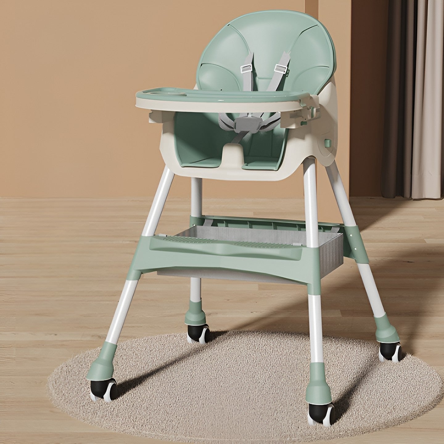 Scaun de Masa pentru Bebelusi si Copii, cu Roti, Telescopic, Pliabil, Masuta Reglabila, Suport Picioare, Scaun cu Invelis Piele Artificiala, Centura Siguranta, Spatiu Depozitare, 97x73x65 cm, Verde