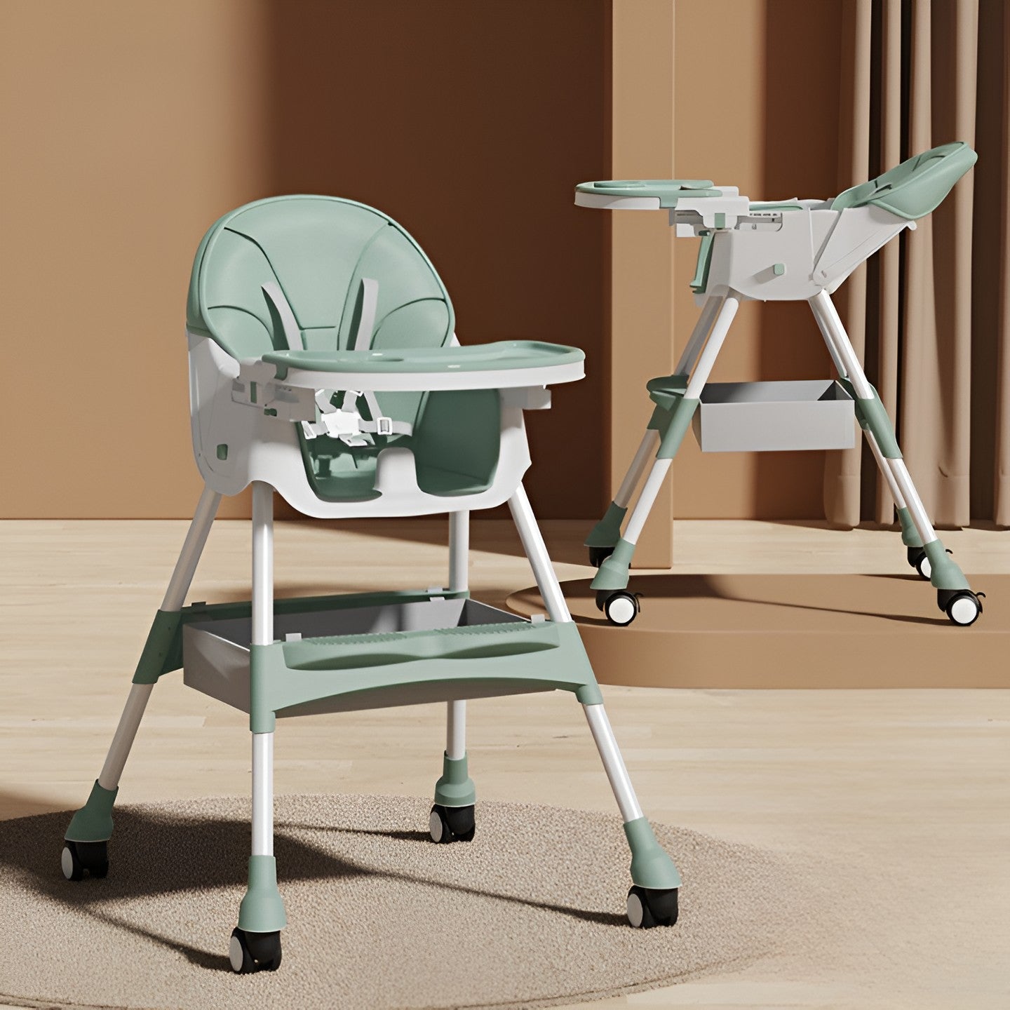Scaun de Masa pentru Bebelusi si Copii, cu Roti, Telescopic, Pliabil, Masuta Reglabila, Suport Picioare, Scaun cu Invelis Piele Artificiala, Centura Siguranta, Spatiu Depozitare, 97x73x65 cm, Verde
