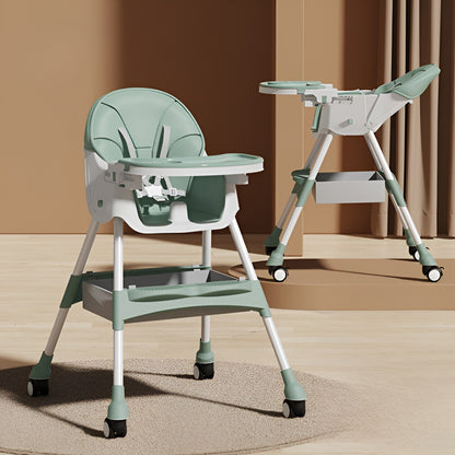Scaun de Masa pentru Bebelusi si Copii, cu Roti, Telescopic, Pliabil, Masuta Reglabila, Suport Picioare, Scaun cu Invelis Piele Artificiala, Centura Siguranta, Spatiu Depozitare, 97x73x65 cm, Verde