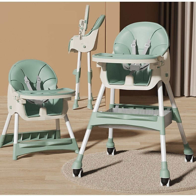 Scaun de Masa pentru Bebelusi si Copii, cu Roti, Telescopic, Pliabil, Masuta Reglabila, Suport Picioare, Scaun cu Invelis Piele Artificiala, Centura Siguranta, Spatiu Depozitare, 97x73x65 cm, Verde