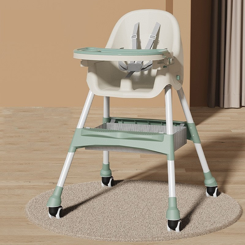 Scaun de Masa pentru Bebelusi si Copii, cu Roti, Telescopic, Pliabil, Masuta Reglabila, Suport Picioare, Scaun cu Invelis Piele Artificiala, Centura Siguranta, Spatiu Depozitare, 97x73x65 cm, Verde