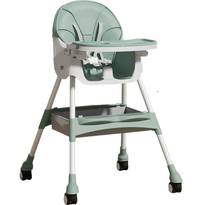 Scaun de Masa pentru Bebelusi si Copii, cu Roti, Telescopic, Pliabil, Masuta Reglabila, Suport Picioare, Scaun cu Invelis Piele Artificiala, Centura Siguranta, Spatiu Depozitare, 97x73x65 cm, Verde