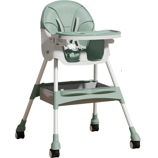 Scaun de Masa pentru Bebelusi si Copii, cu Roti, Telescopic, Pliabil, Masuta Reglabila, Suport Picioare, Scaun cu Invelis Piele Artificiala, Centura Siguranta, Spatiu Depozitare, 97x73x65 cm, Verde